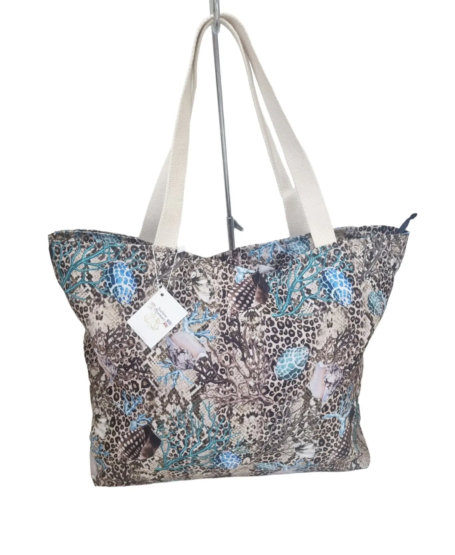 Grand sac cabas de plage en polyester – motif à pois corail