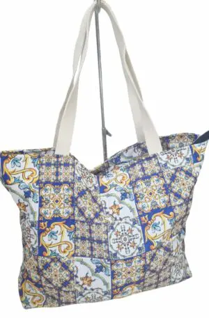 Large Beach Shopper Bag in Polyester with Zip Closure - Trendy Design and Majolica Pattern - Handmade in Italy