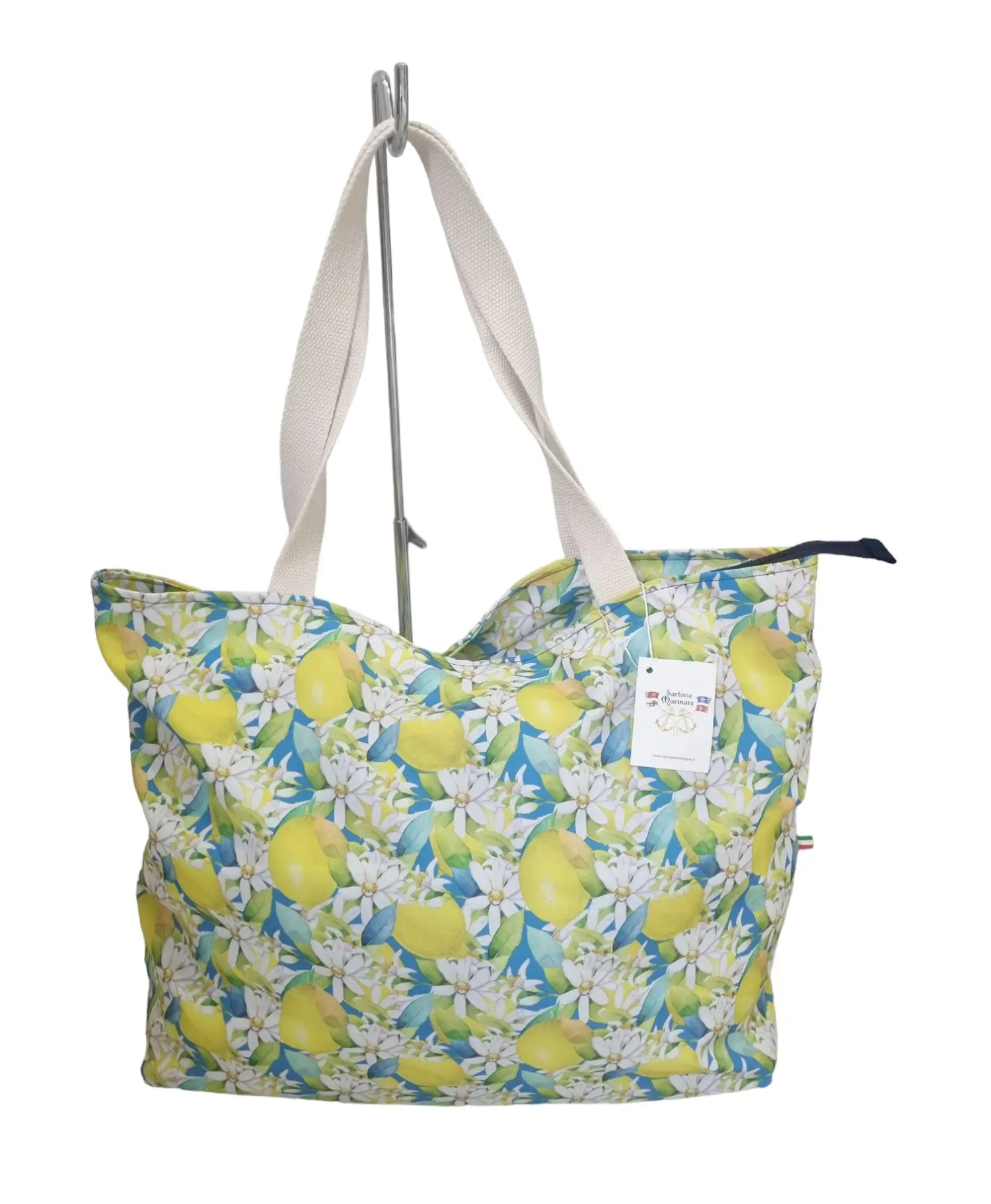 Large beach shopper bag in polyester with orange blossom pattern, handmade in Italy