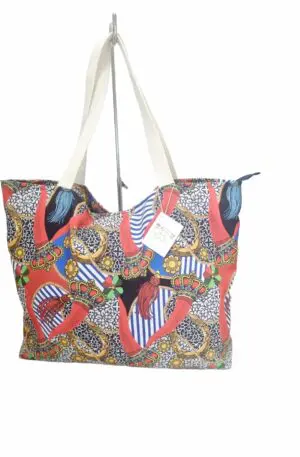 Large Beach Shopper Bag in Polyester with Zip Closure - Horns Pattern - Handmade in Italy