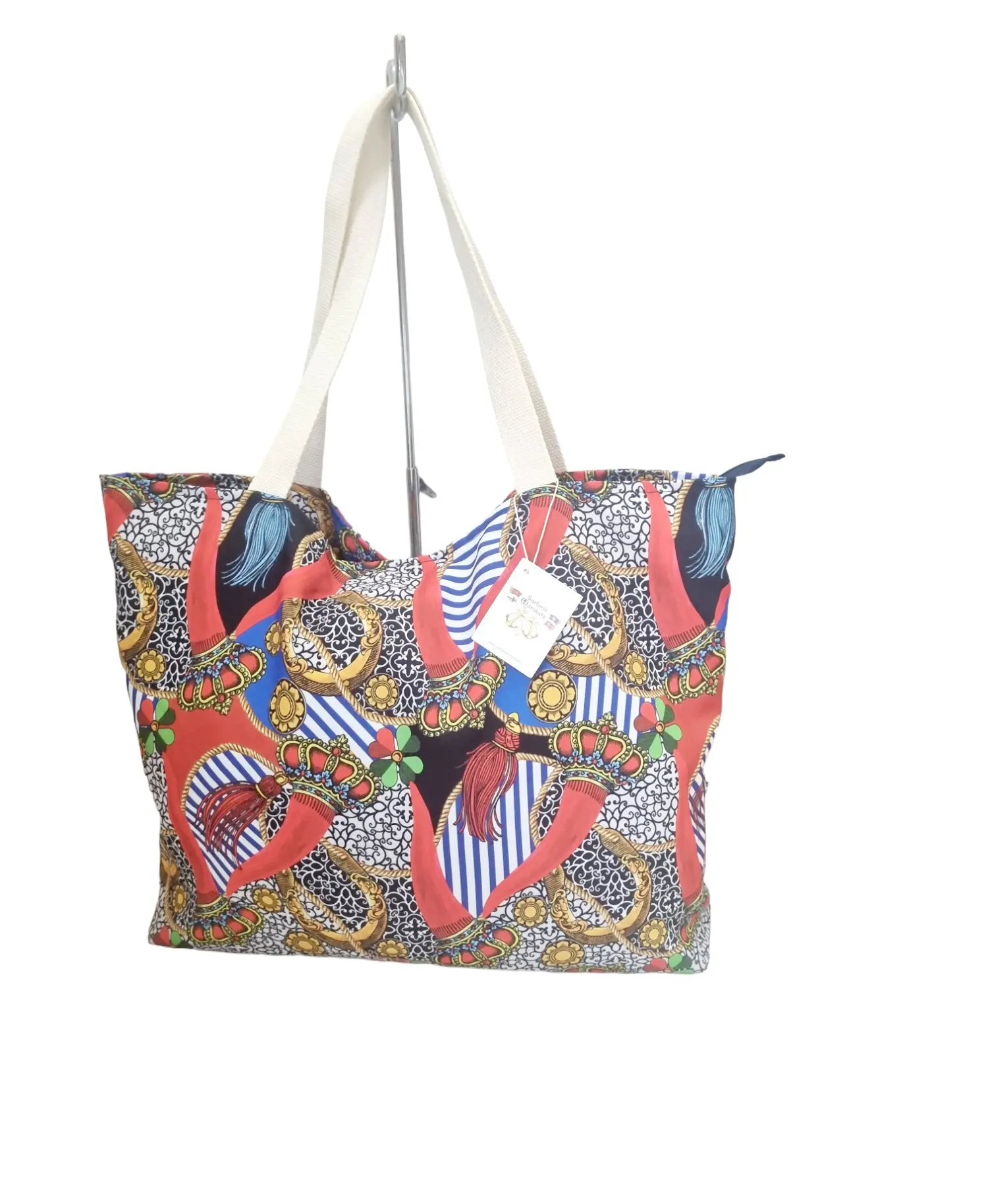 Large Beach Shopper Bag in Polyester with Zip Closure - Horns Pattern - Handmade in Italy
