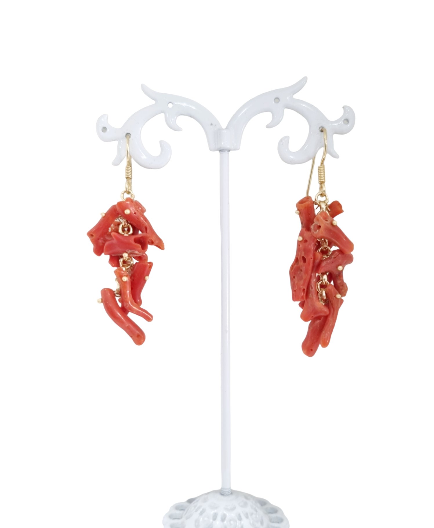 Earrings made with coral and brass. Weight 4.4g Length 6cm
