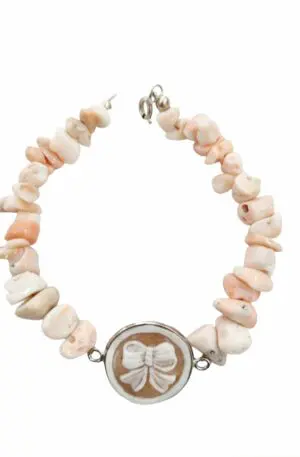 Pink coral bracelet with cameo set in 925 silver, length 19cm – Elegant and delicate accessory