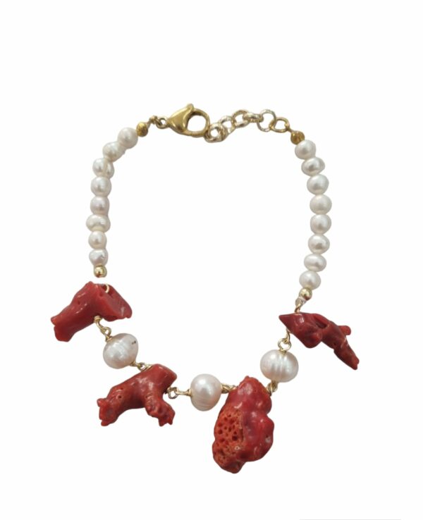 Coral and freshwater pearl bracelet with steel clasp - Adjustable length