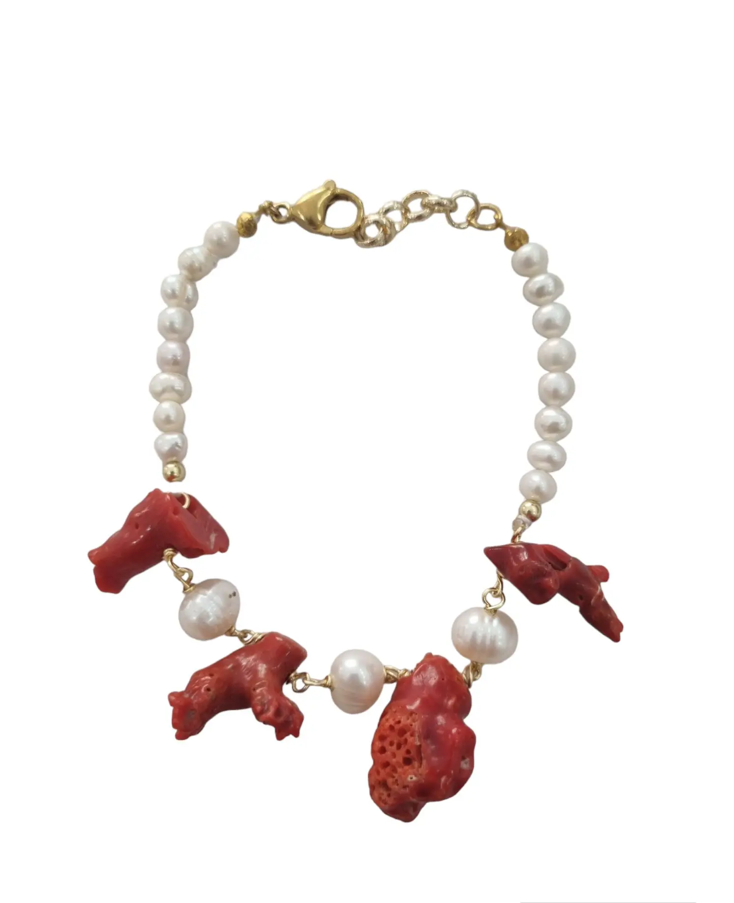 Bracelet en corail et perles d'eau douce avec fermoir en acier - Longueur réglable