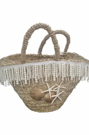 Coffa realizzata artigianalmente con palma nanna,perle di resina,stelle e conchiglie.
misura H21 B14 L42