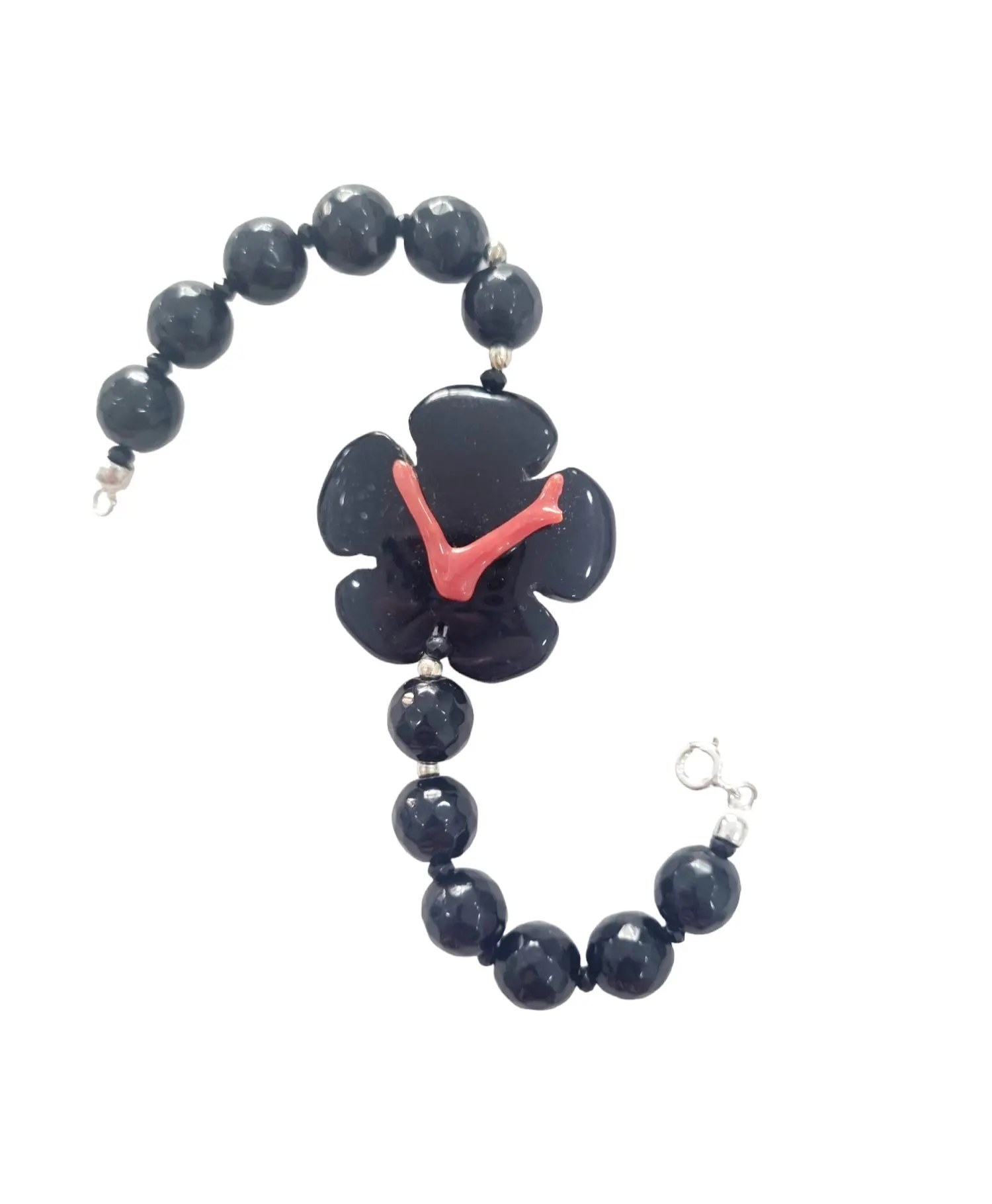 Bracelet made with onyx, crystals and coral. Length 20cm