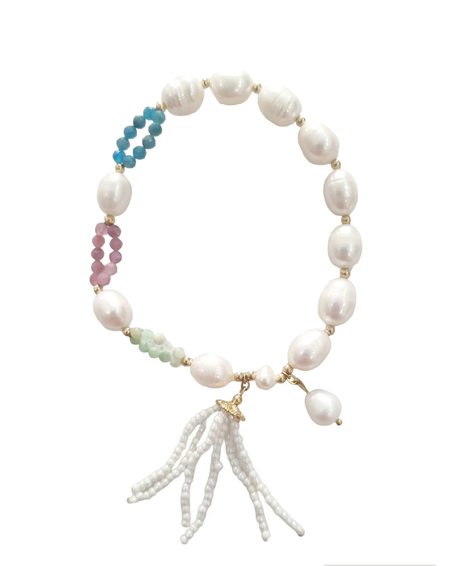 Pulsera elástica elaborada con perlas de agua dulce, cristales y amatitas.
