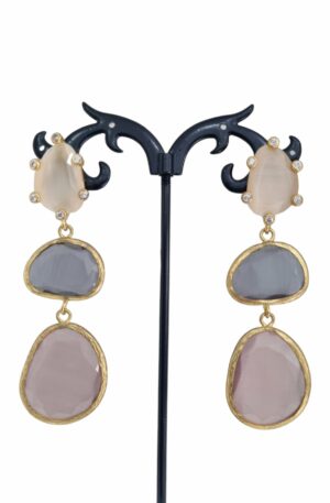 Cat's eye earrings mounted on brass and pin surrounded by zircons. Length 7cm Weight 10g