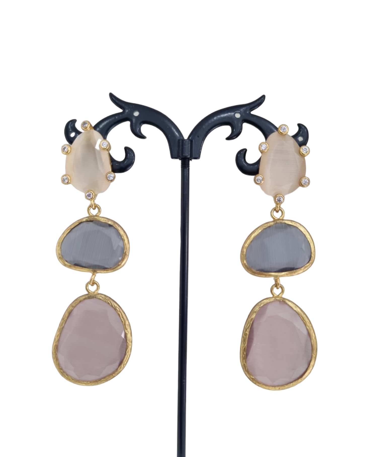 Cat's eye earrings mounted on brass and pin surrounded by zircons. Length 7cm Weight 10g