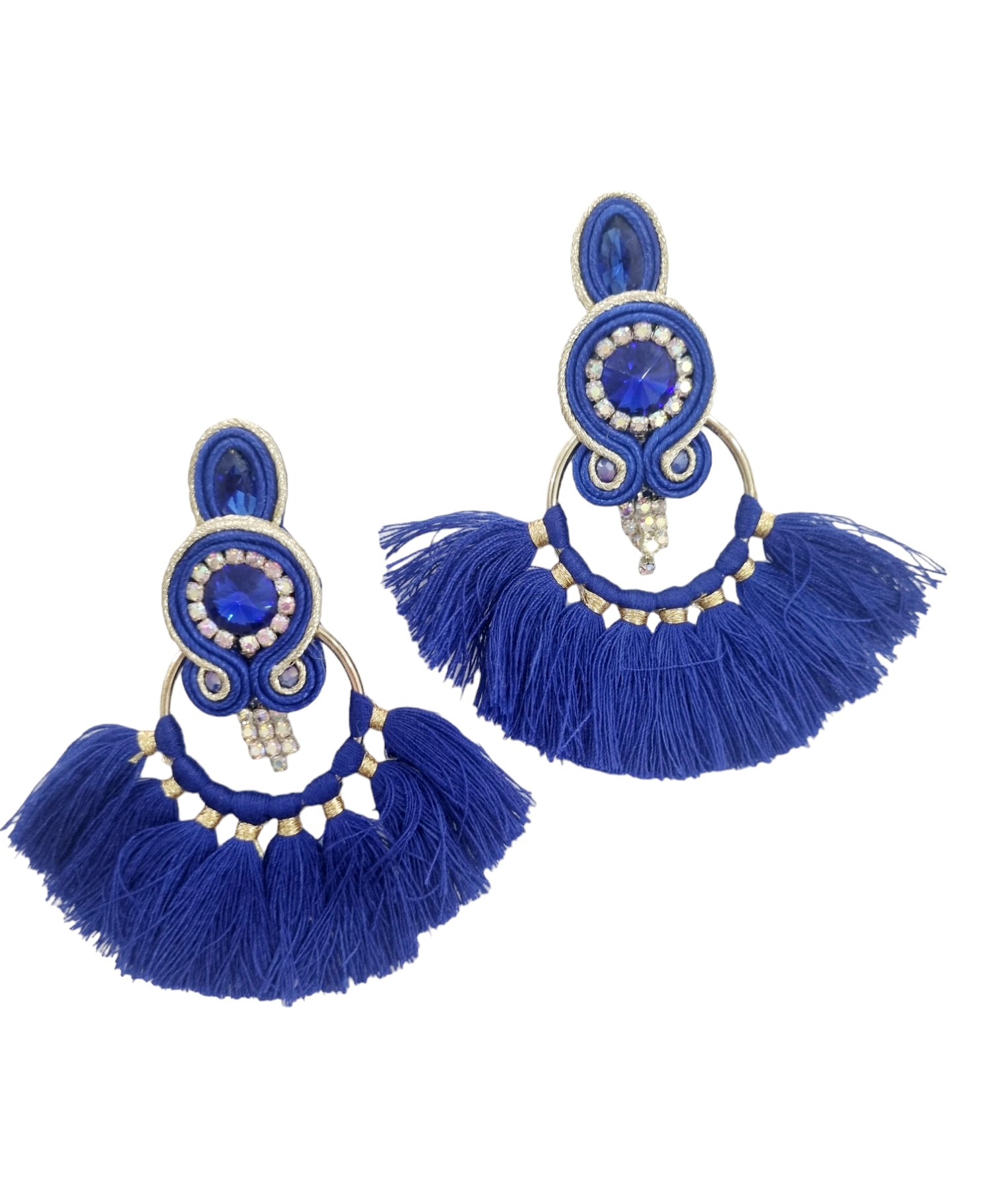 Earrings made with soutache technique, rhinestones and tassels. Length 7.5cm Weight 6.6gr