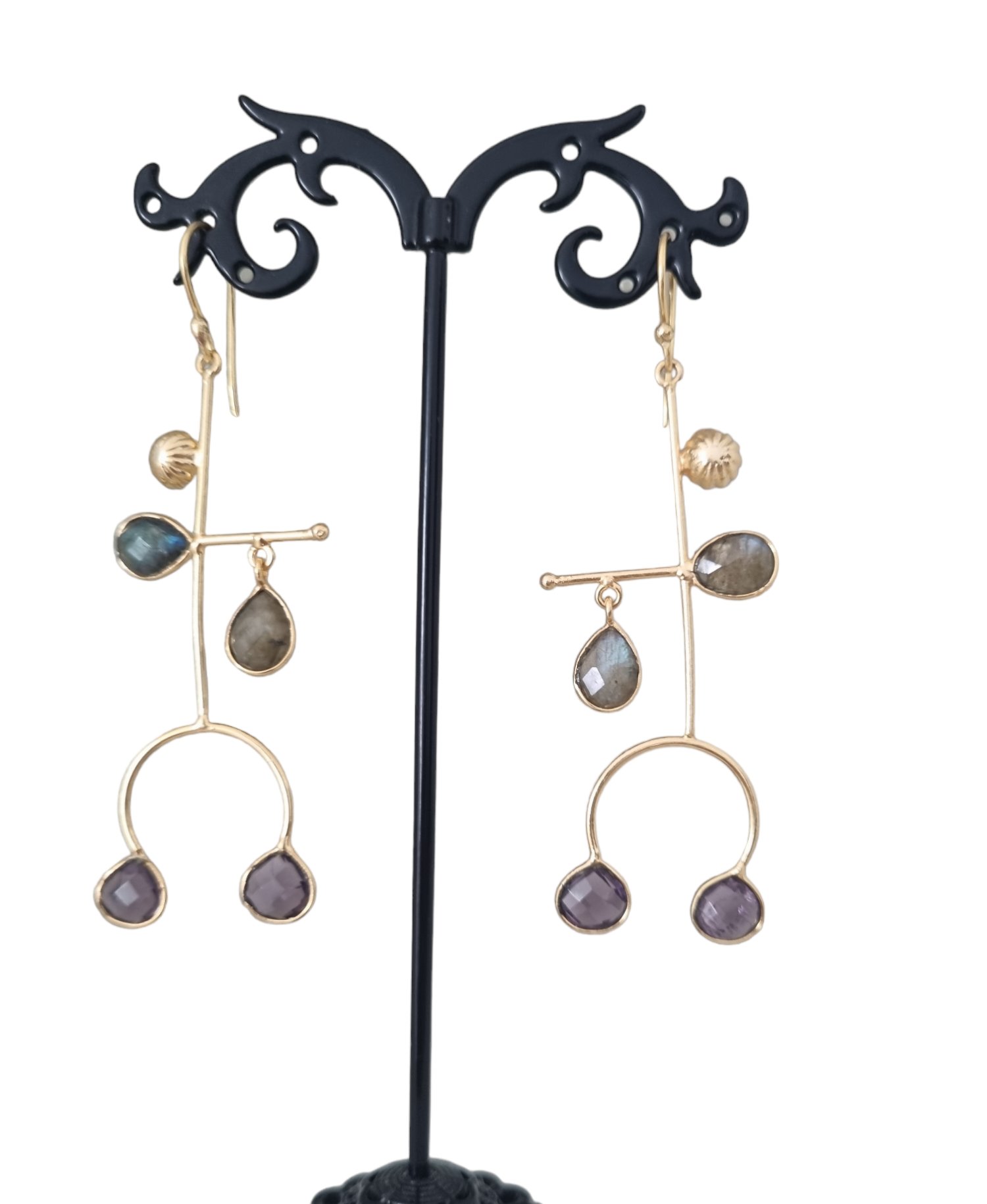 Earrings made with brass, quartz and labradorite set. Length 7.5cm Weight 3.5gr