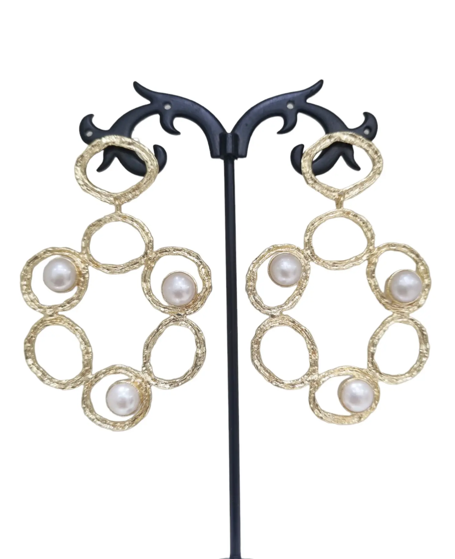 Earrings made with brass and set river pearls. Length 7cm Weight 9.2gr