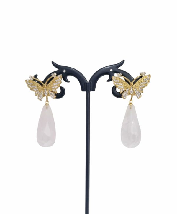 Earrings made with brass butterfly and set zircons, rose quartz drop. Length 4cm Weight 7.1gr