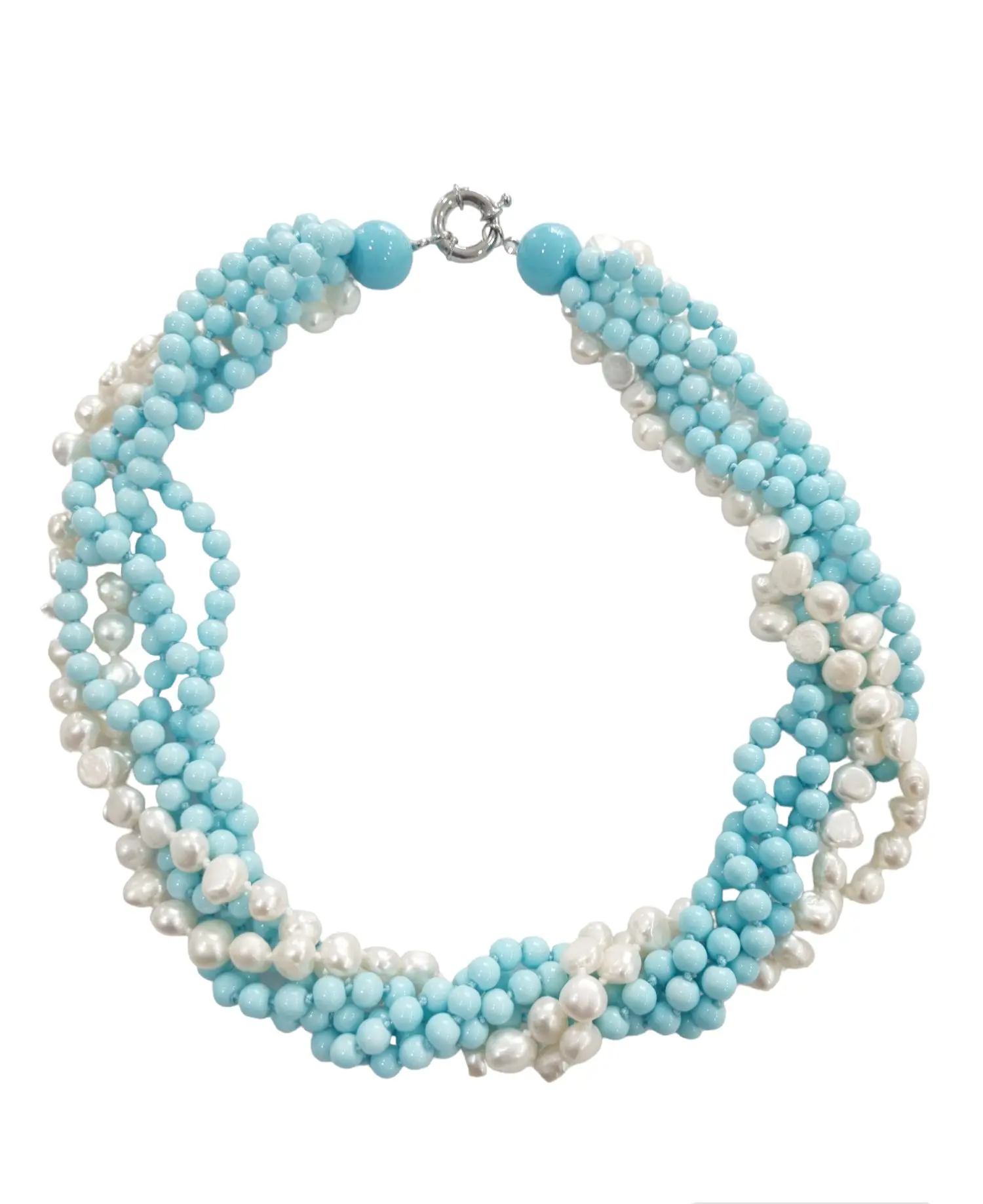 Choker Necklace: twist made with freshwater pearls and turquoise paste. Steel clasp. Length 49cm