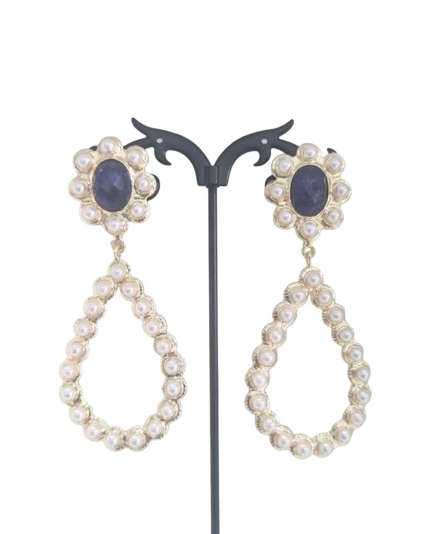 Earrings made with river pearls and lapis lazuli set in brass. Length 8cm Weight 16g