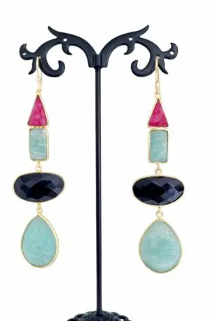 Earrings made with amazonite, onyx and ruby root surrounded by brass. Weight 8.4g Length 9.5cm