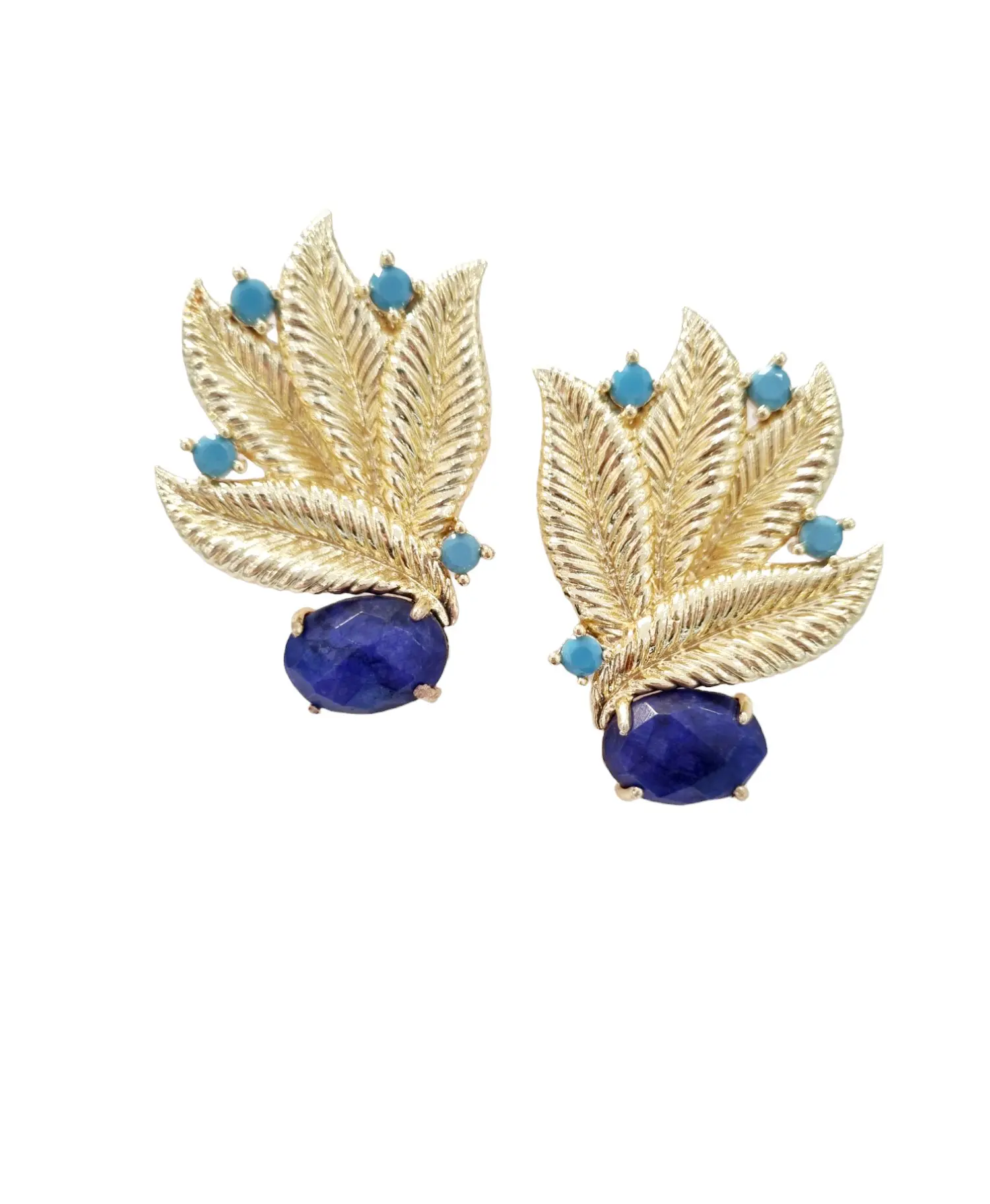 Lobe earrings made with brass, lapis lazuli zircons. Weight 8.9g Length 3cm
