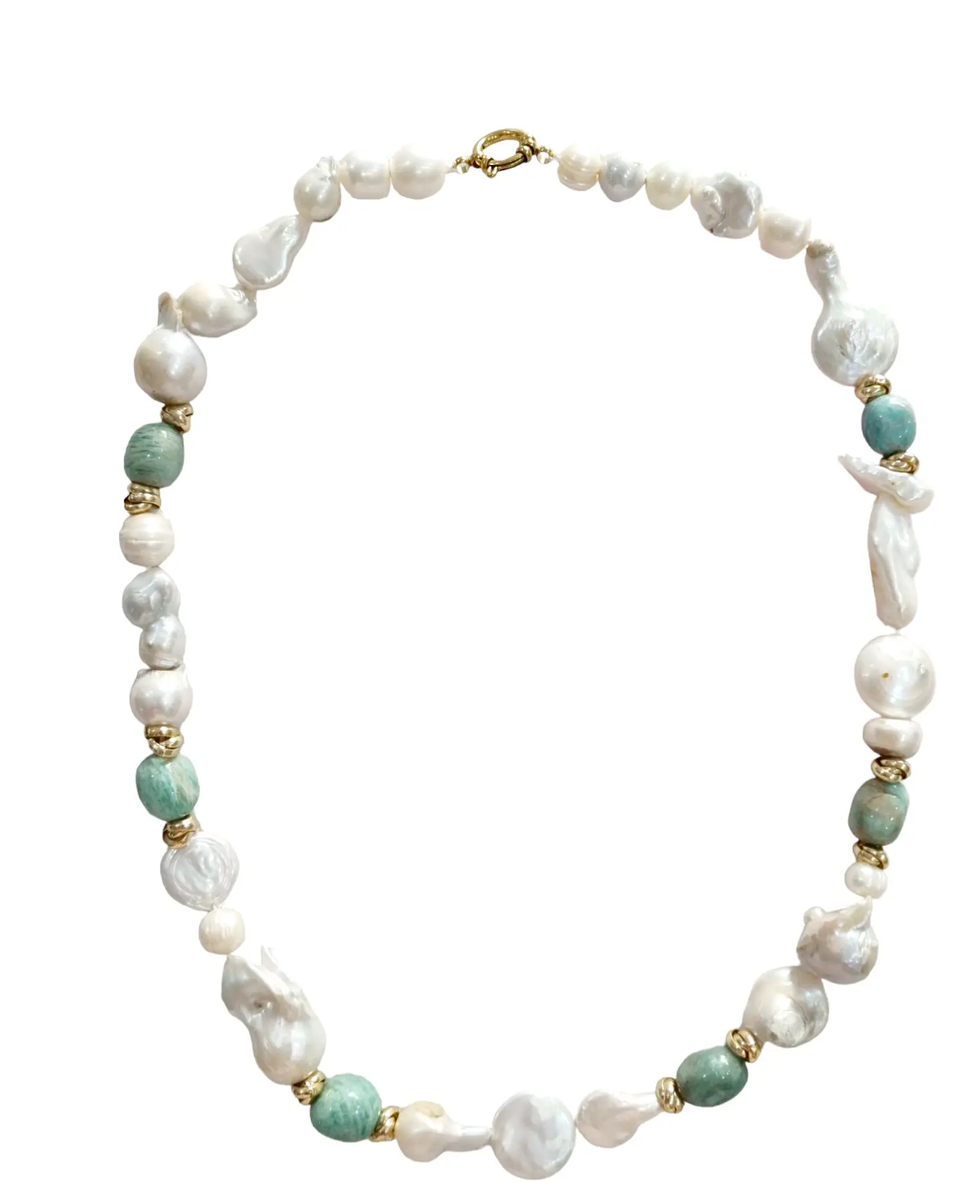 Halskette aus Scaramazze-Perlen, Barockperlen und Amazonit. Stahlverschluss. Länge 61 cm