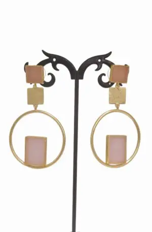 Earrings handcrafted with brass and pink natural stone. Length 6.5cm Weight 8.7gr