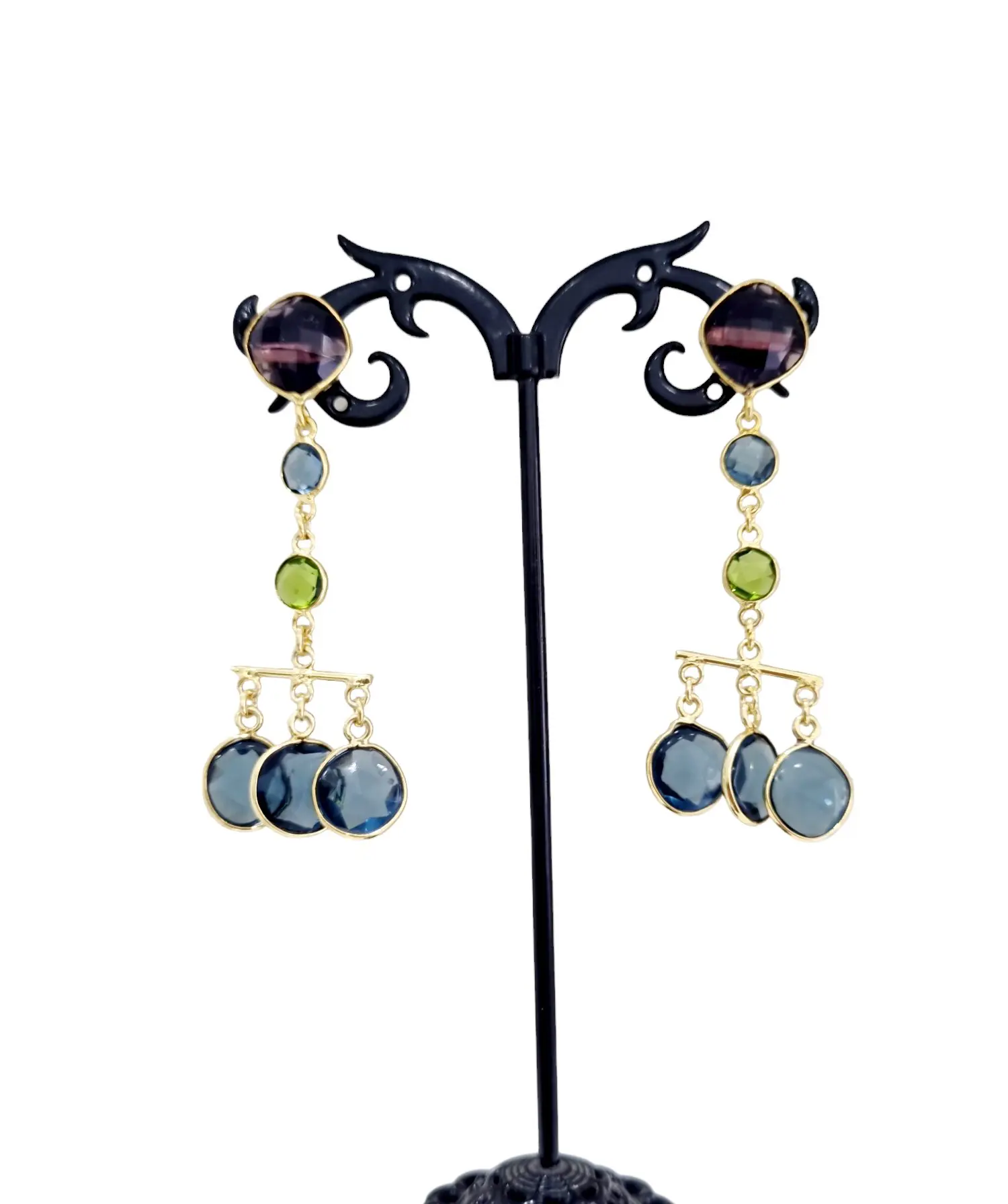Boucles d’oreilles à quartz bleu, vert et violet – Légères et à la mode