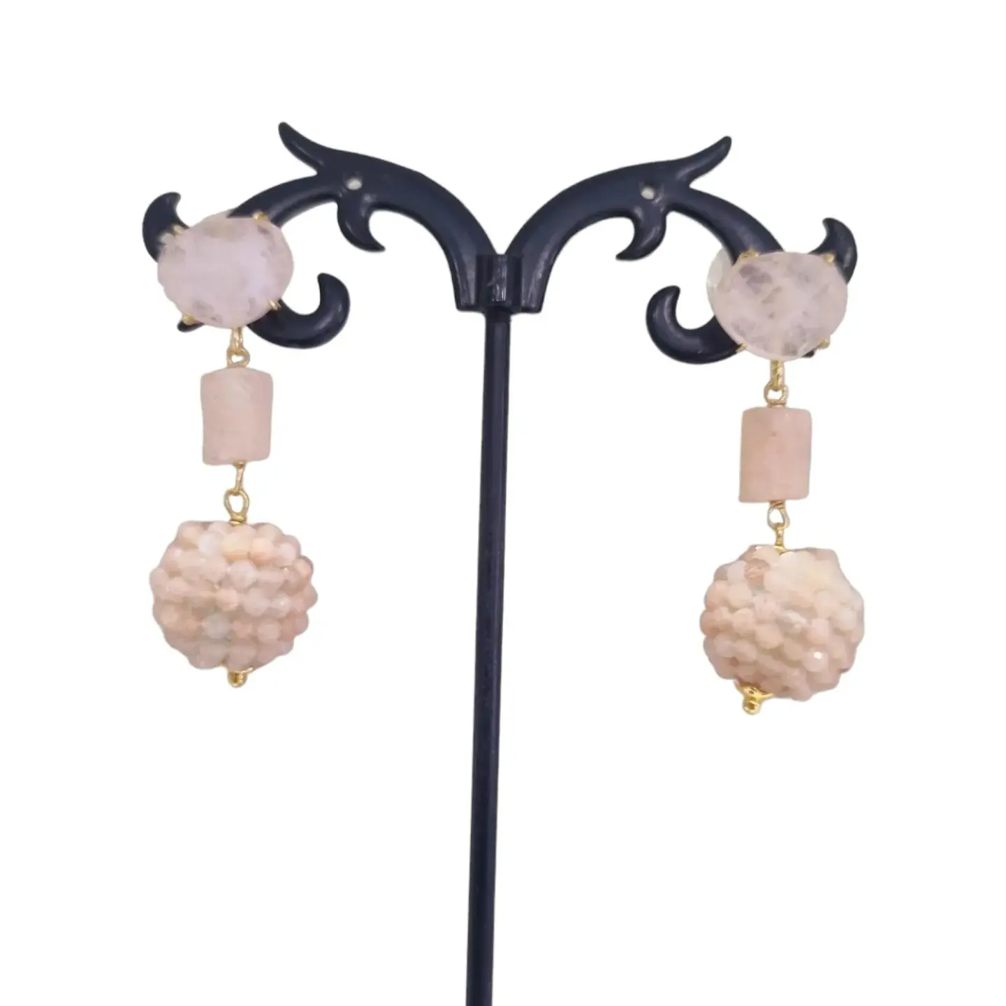 Boucles d'oreilles quartz rose et oeil de chat – Légères et confortables Poids 4,6 g Longueur 4,5 cm