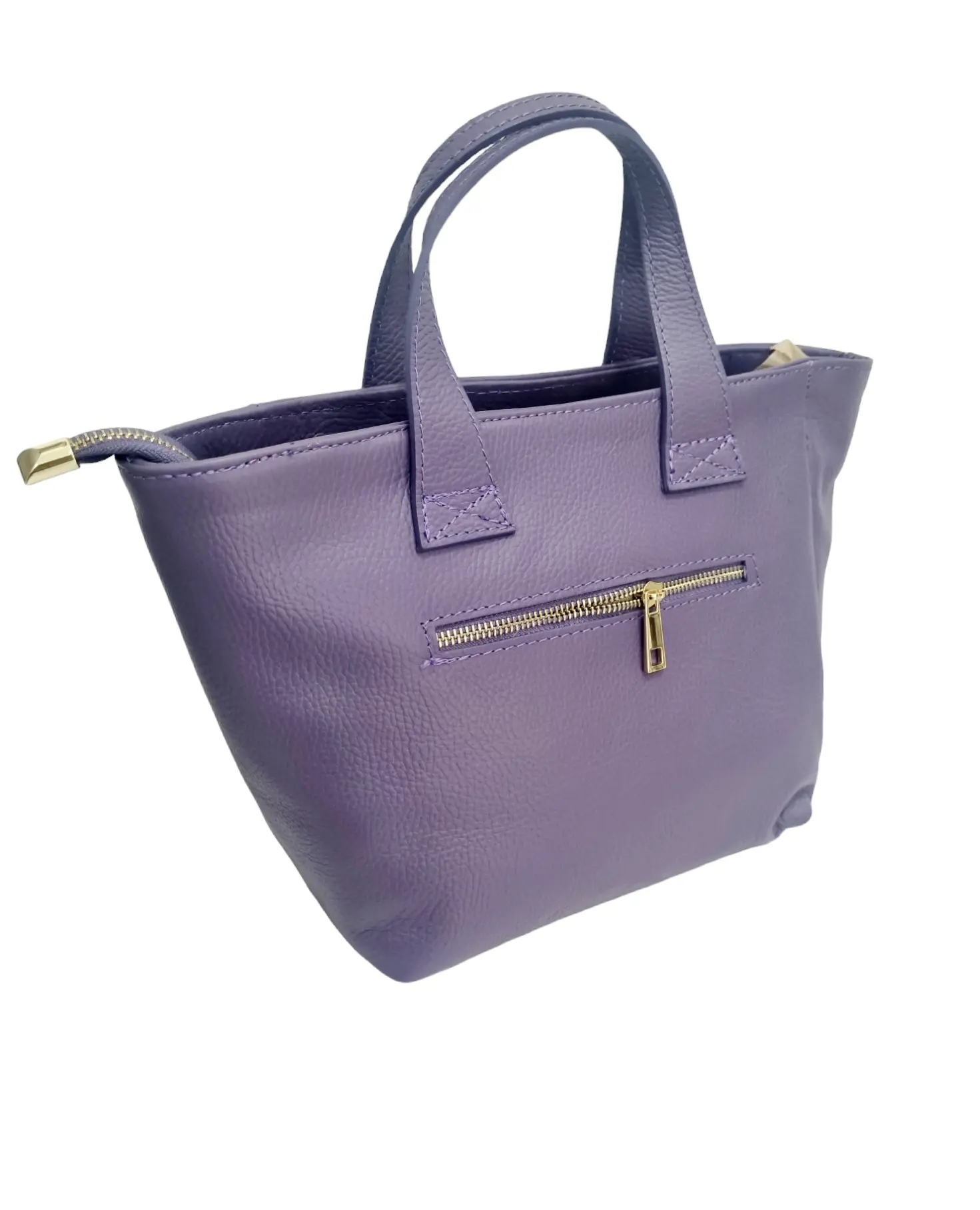 Real leather bag, made in Italy, purple, with external zip pocket. internal zip closure single lined pocket with side pockets. Equipped with shoulder strap. Measures H24 B13 L25