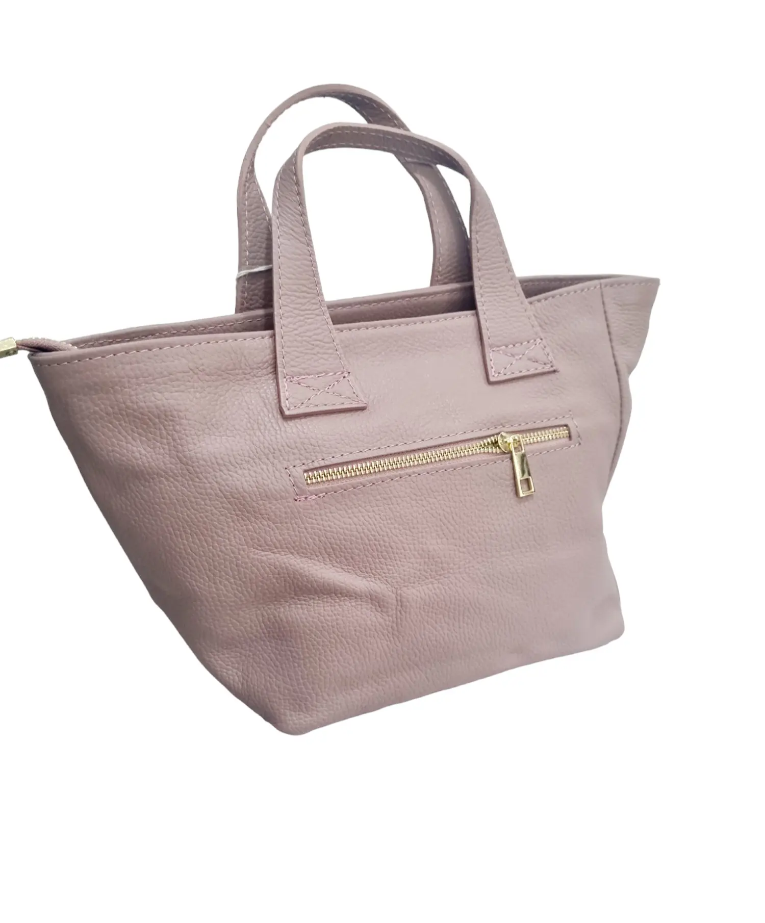 Genuine leather bag, made in Italy, powder pink, with external zip pocket. internal zip closure single lined pocket with side pockets. Equipped with shoulder strap. Measures H24 B13 L25
