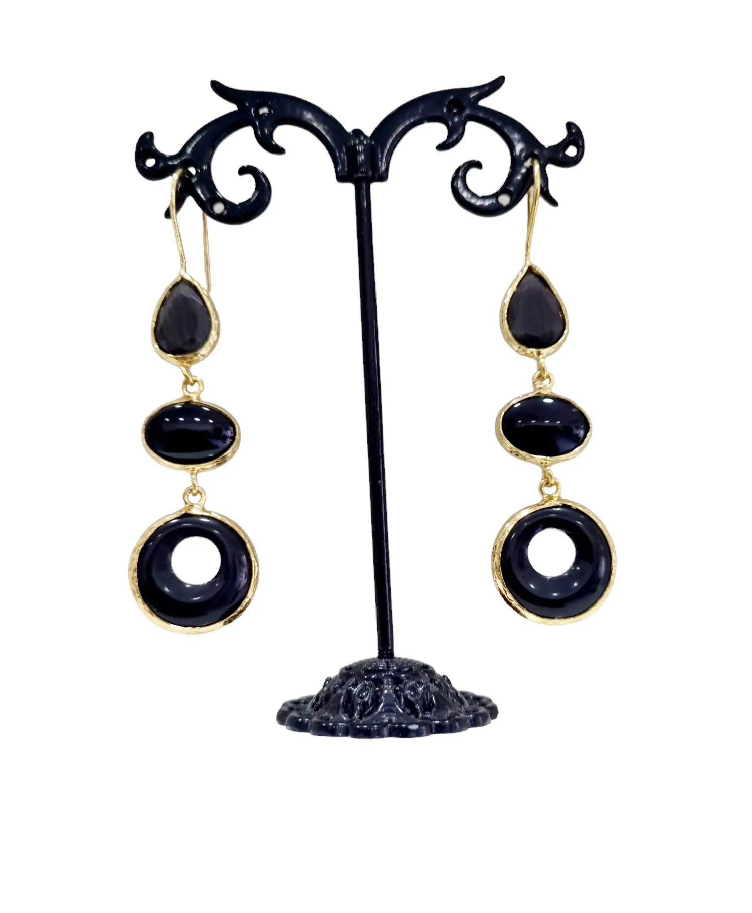 Onyx and Cat's Eye Earrings with Brass – Length 6.5cm, Weight 5.7g