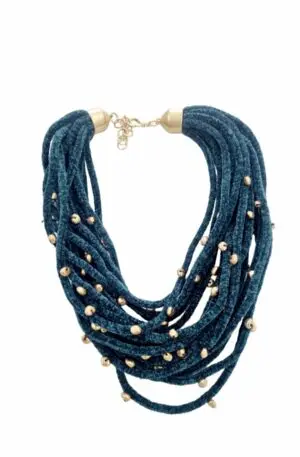 Adjustable choker necklace in petrol chenille and golden resins – Length 58cm