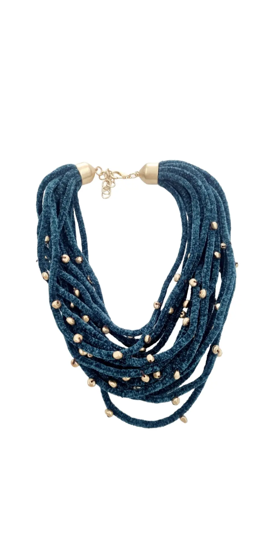 Adjustable choker necklace in petrol chenille and golden resins – Length 58cm
