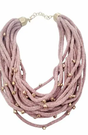 Collier ras de cou réglable en chenille rose et résines dorées – Longueur 58cm