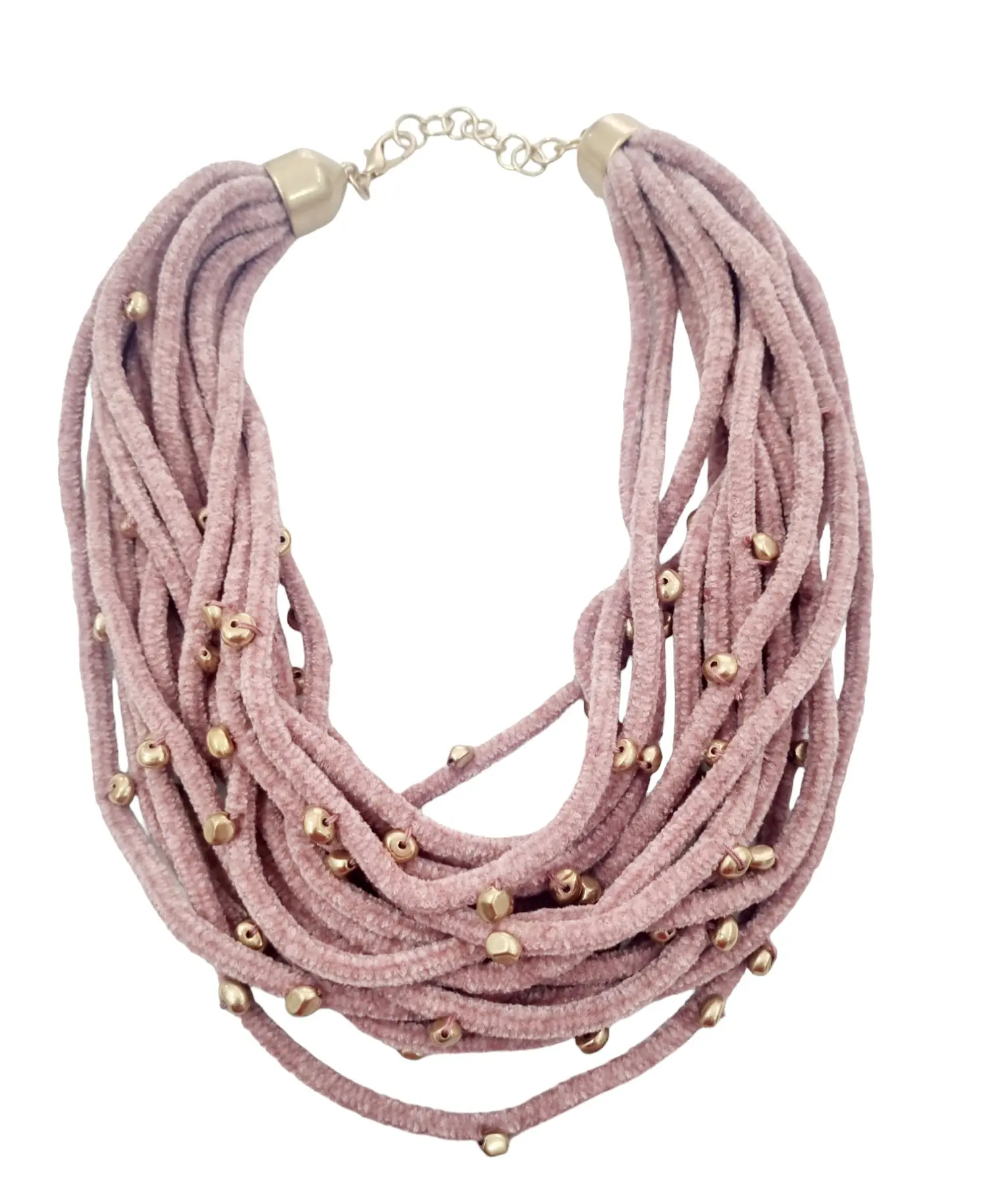 Adjustable choker necklace with pink chenille and golden resins – Length 58cm