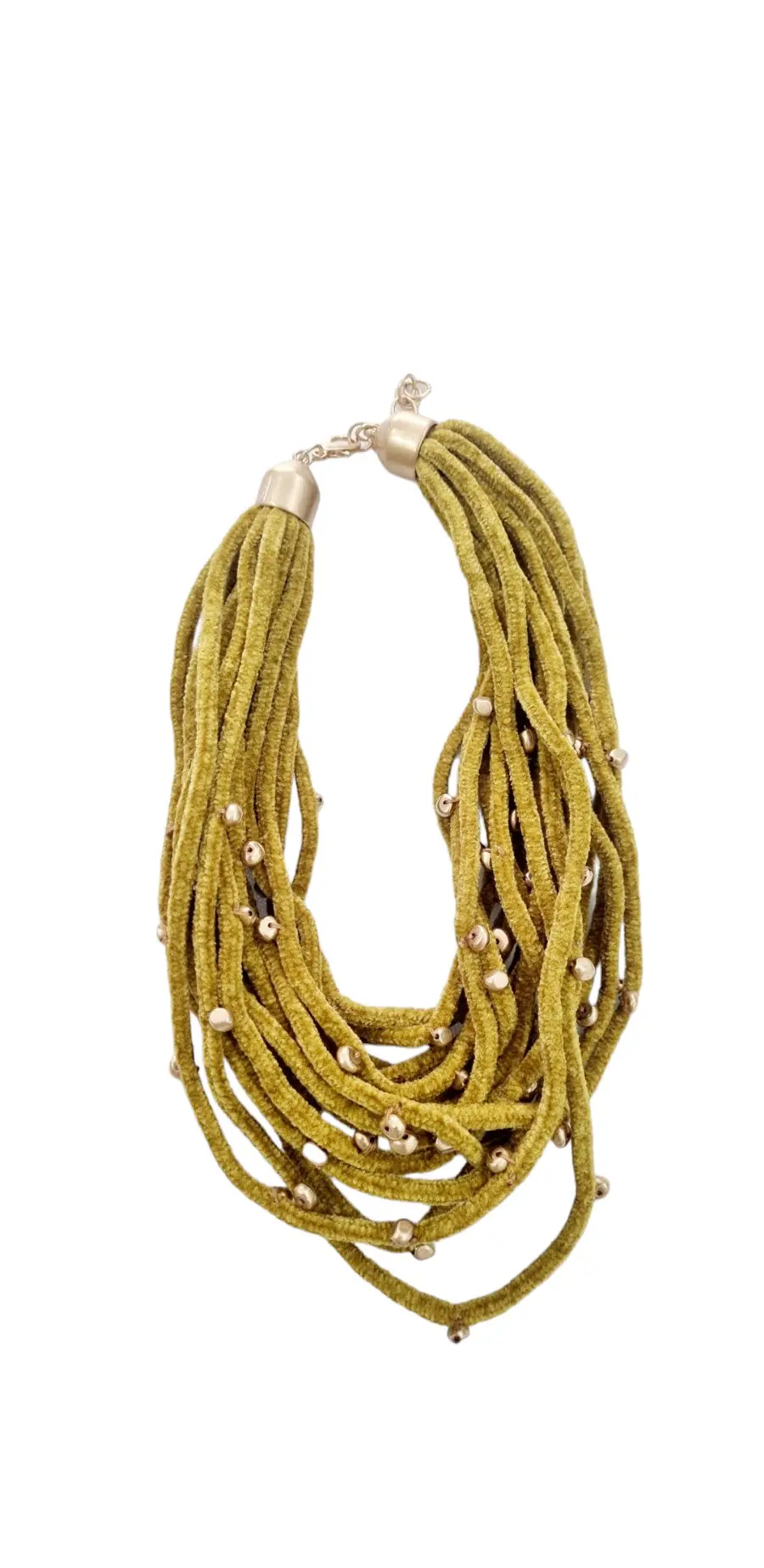 Verstellbare Halskette aus senffarbenem Chenille und goldenem Harz – Länge 58 cm