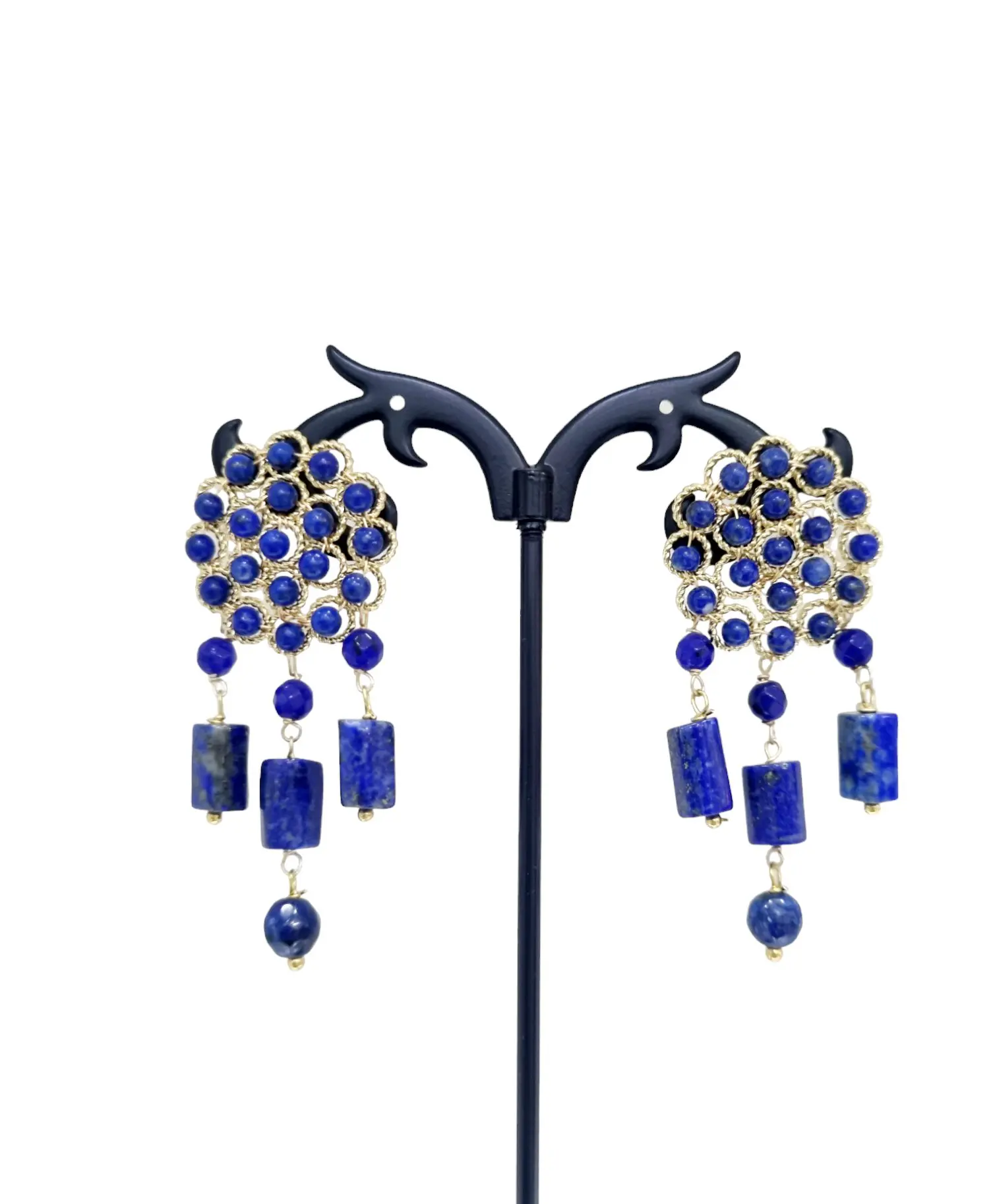 Boucles d'oreilles lapis lazuli et agate bleue – Longueur 5cm – Poids 6g