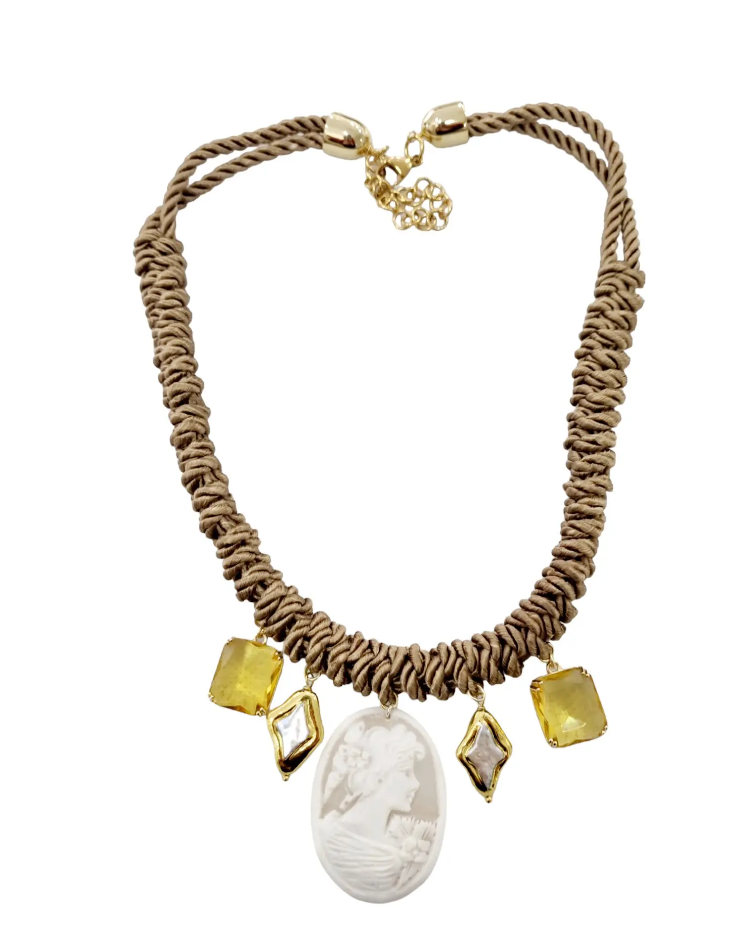 Verstellbare Halskette mit Kamee, Perlen und Kristallen – Länge 54 cm