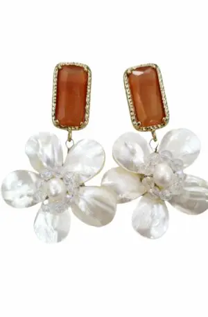 Mother of pearl earrings with flower and cat's eye stud – 6 cm long, weight 12.1 g