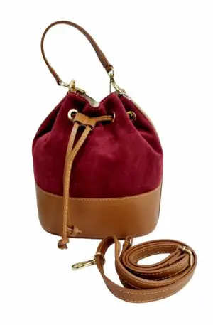 Burgundy Suede and Leather Bucket Bag, Made in Italy - Shoulder Strap and Internal Pocket Measures B20 H23