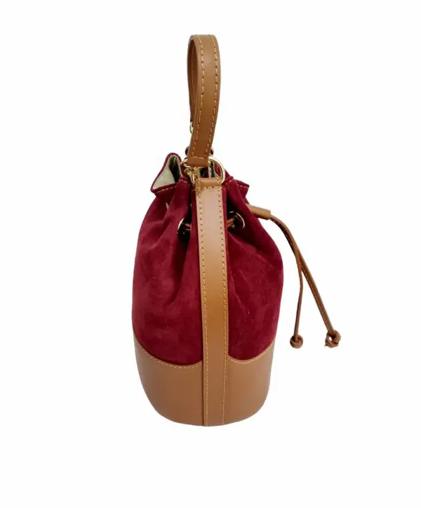 Burgundy Suede and Leather Bucket Bag, Made in Italy - Shoulder Strap and Internal Pocket Measures B20 H23