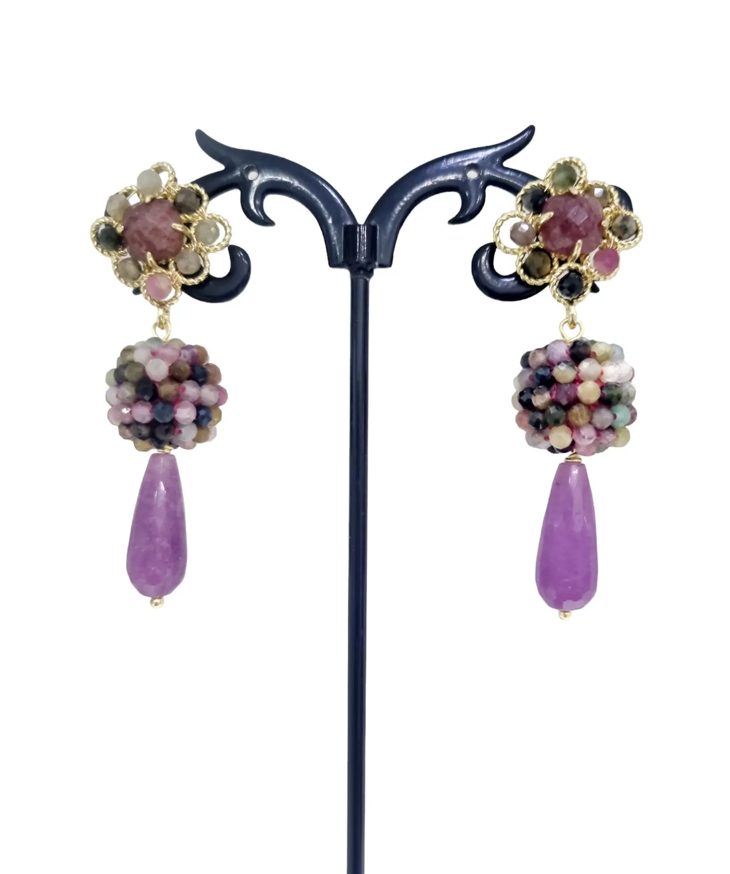 Agate and tourmaline earrings – Elegant and light design – Weight 7.1g Length 5cm