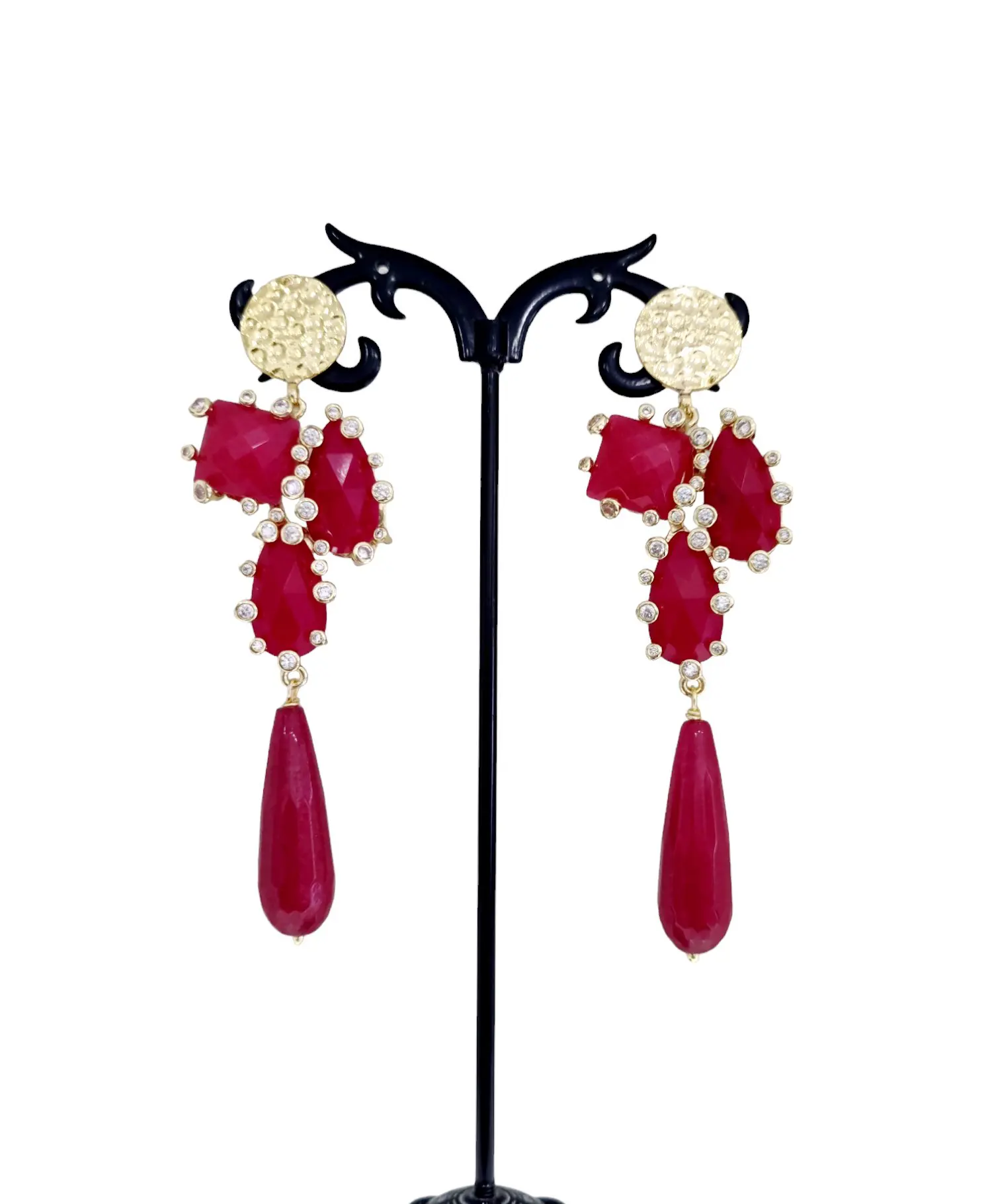 Earrings made with agate mounted on brass and surrounded by zircons, with brass pin. Weight 13.4gr Length 8.5cm