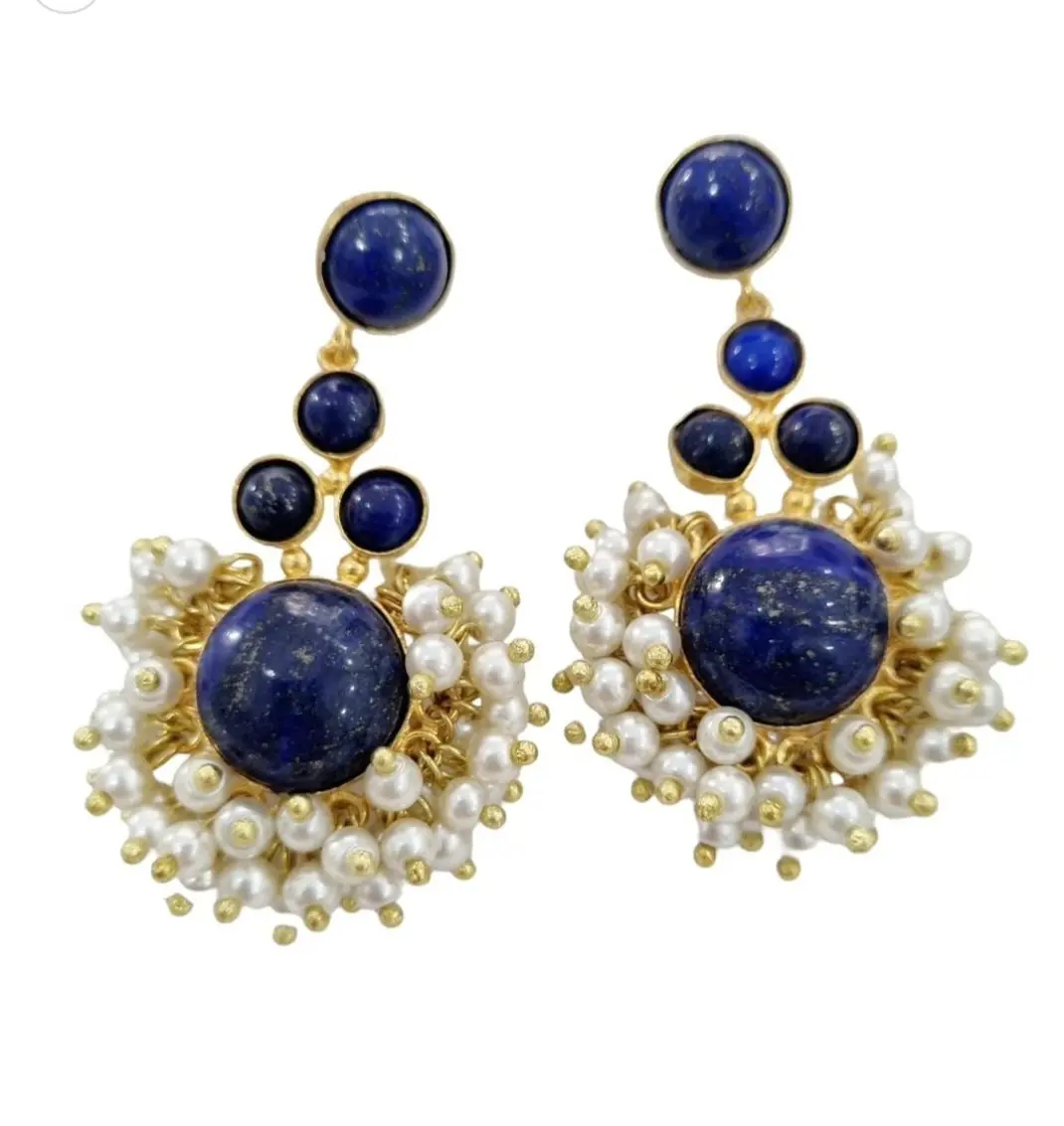 Boucles d'oreilles en lapis lazuli et perles de Majorque avec laiton, longueur 6 cm, poids 17,6gr