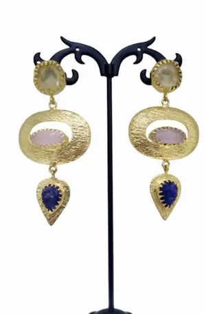 Earrings made with brass, quartz and lapis lazuli set. Length 7.5cm Weight 10.2gr