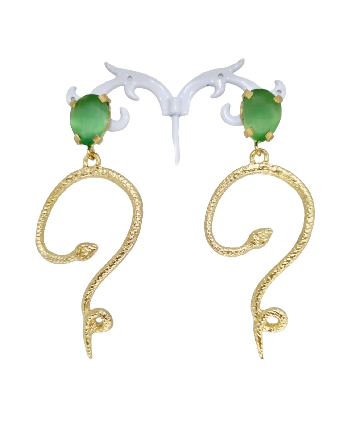 Snake earrings made of brass with cat's eye stud. Length 8cm Weight 10g