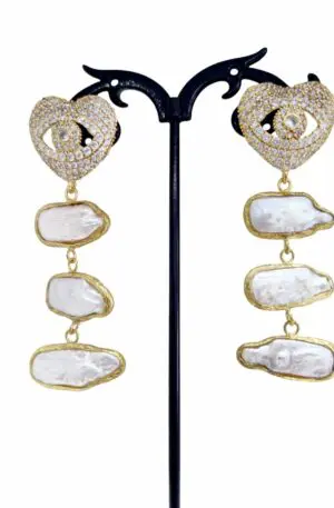 Earrings made with river pearls set in brass and zircon pin with needle and butterfly. Length 6.5cm Weight 8.8gr