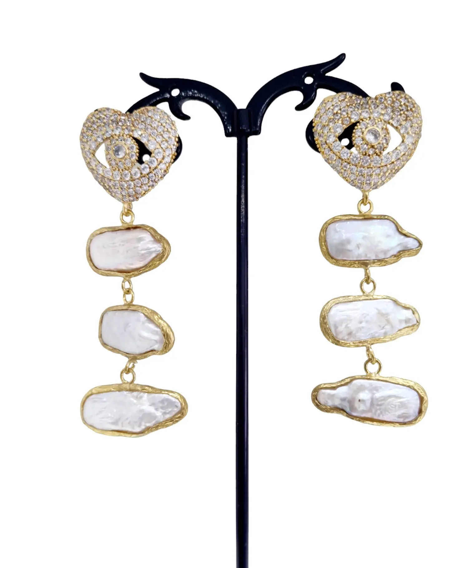 Earrings made with river pearls set in brass and zircon pin with needle and butterfly. Length 6.5cm Weight 8.8gr