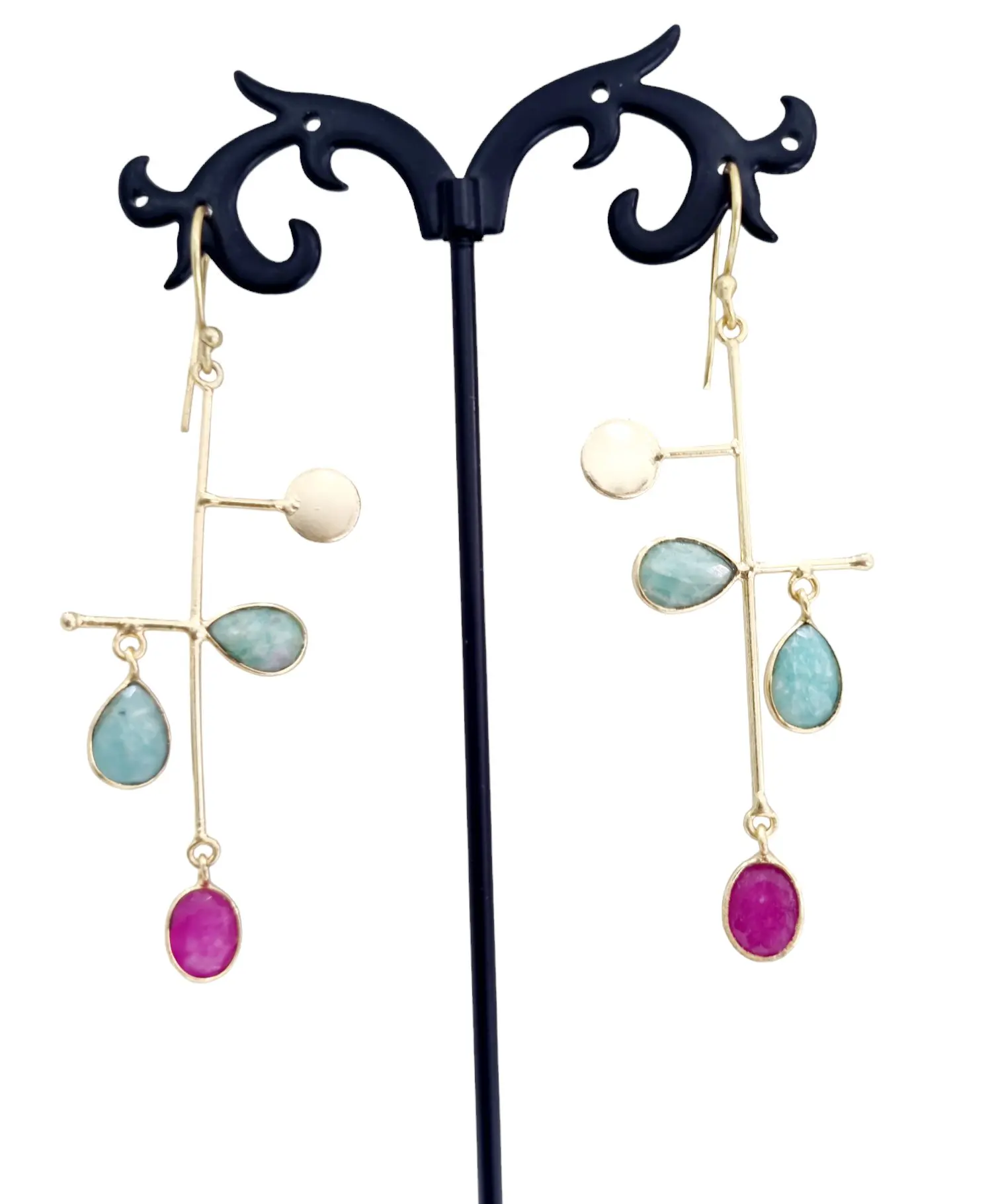 Earrings made with ruby root brass and amazonite. Length 7.5cm Weight 3gr
