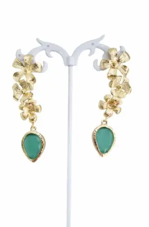 Earrings made with golden brass flowers and green cat's eye stone. Weight 7.6g Length 7cm