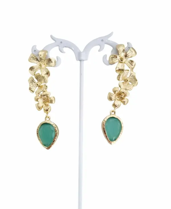 Earrings made with golden brass flowers and green cat's eye stone. Weight 7.6gr Length 7cm