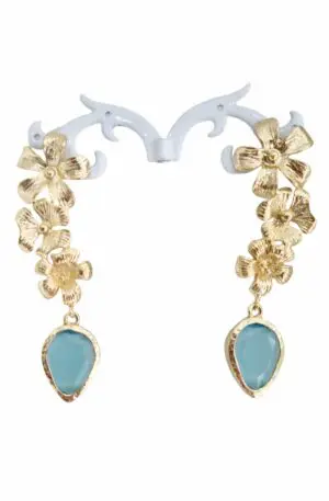 Earrings made with golden brass flowers and turquoise cat's eye stone. Weight 7.6 g Length 7cm